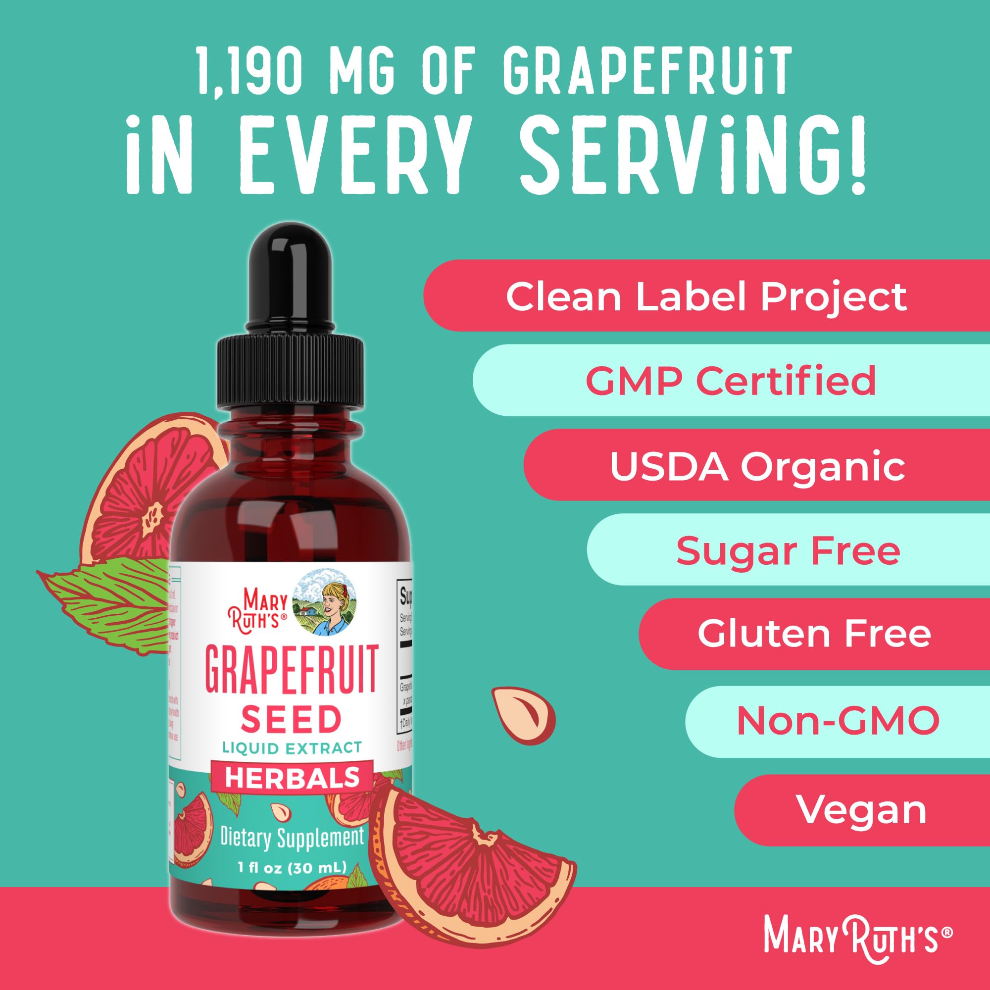 MaryRuth Organics grapefruit seed extract non-GMO icon signals quality sourcing.