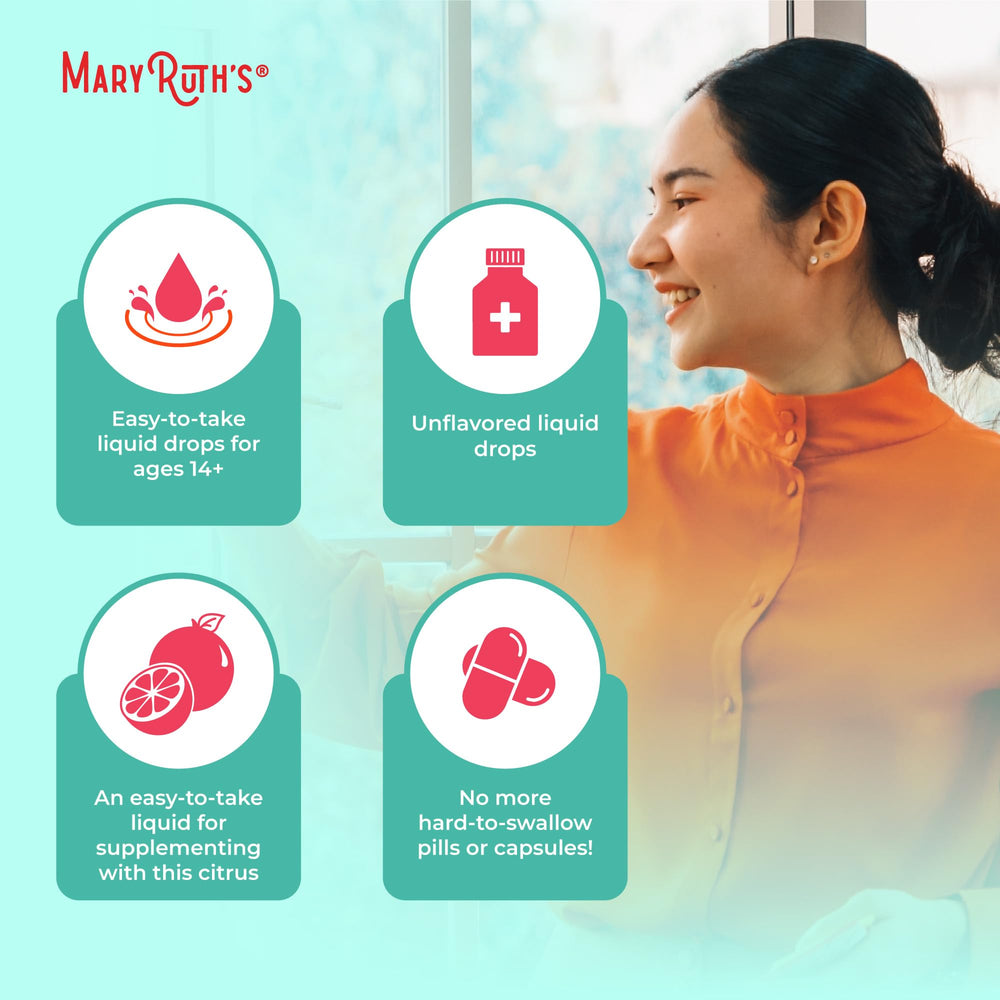 MaryRuth Organics grapefruit seed extract vegan icon emphasizes plant-based formula.