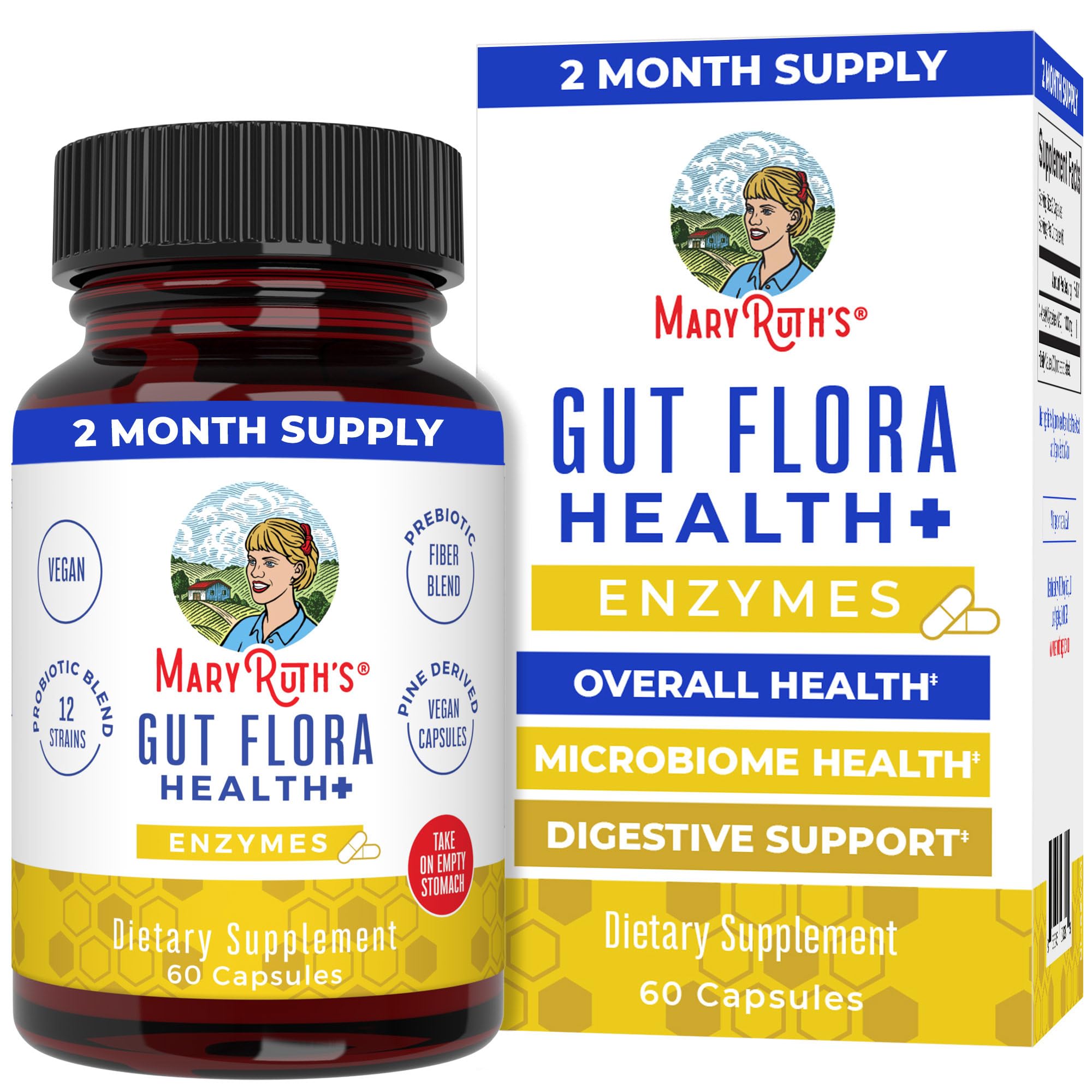 MaryRuth Organics Gut Flora Health+ Enzymes bottle shown; supports gut balance and daily digestive wellness.