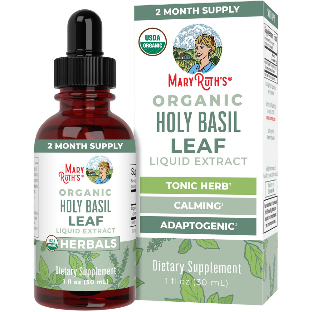 MaryRuth Organics Holy Basil liquid bottle closeup showing balance and calm