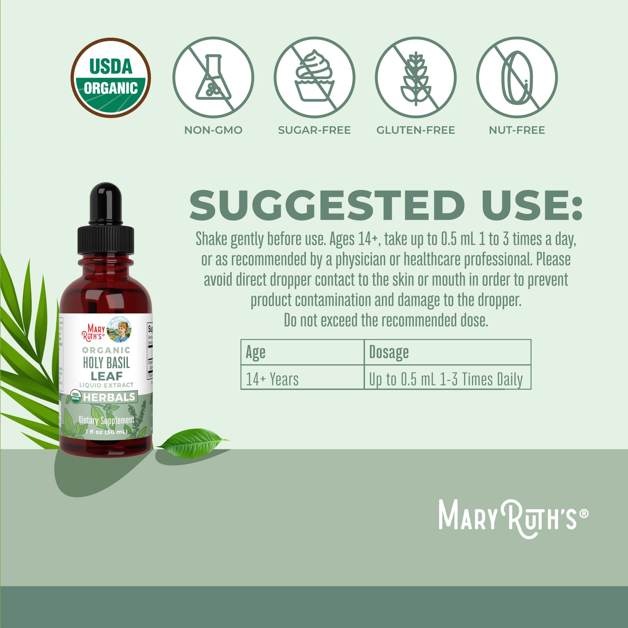 MaryRuth Organics Holy Basil label closeup highlighting sugar-free formula