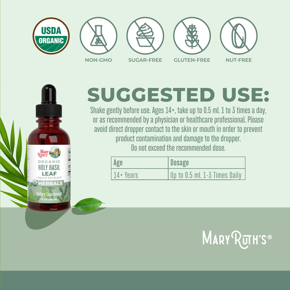 MaryRuth Organics Holy Basil label closeup highlighting sugar-free formula