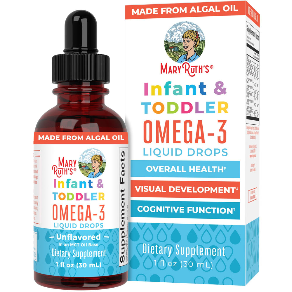 MaryRuth Organics infant omega-3 drops bottle for easy daily dosing.