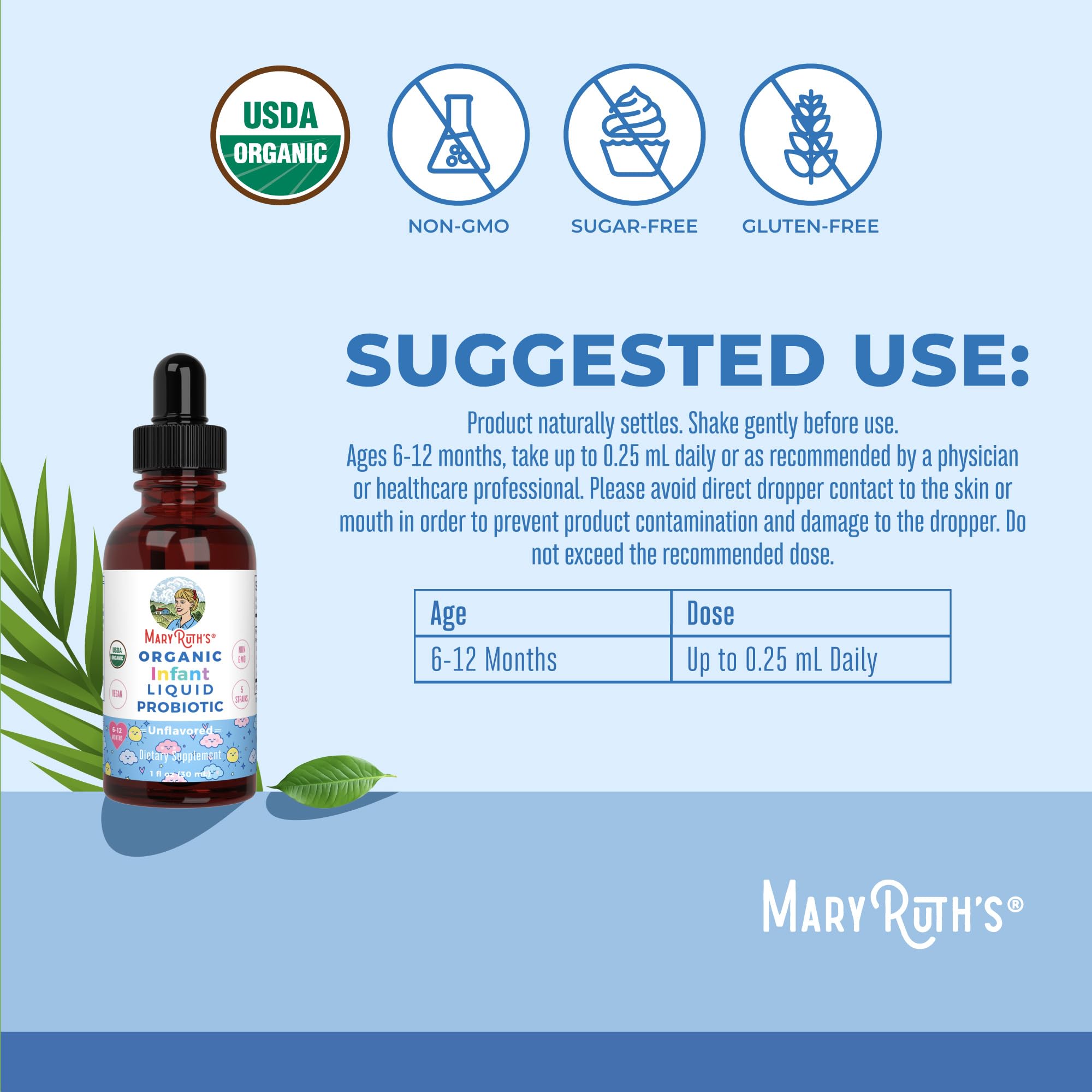 MaryRuth Organics probiotic drops dropper tip shown for contamination-free application.