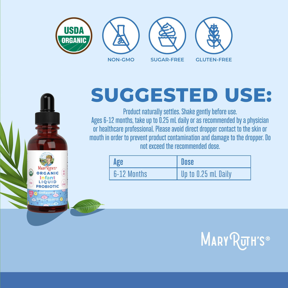 MaryRuth Organics probiotic drops dropper tip shown for contamination-free application.