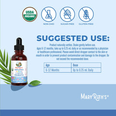 MaryRuth Organics probiotic drops dropper tip shown for contamination-free application.