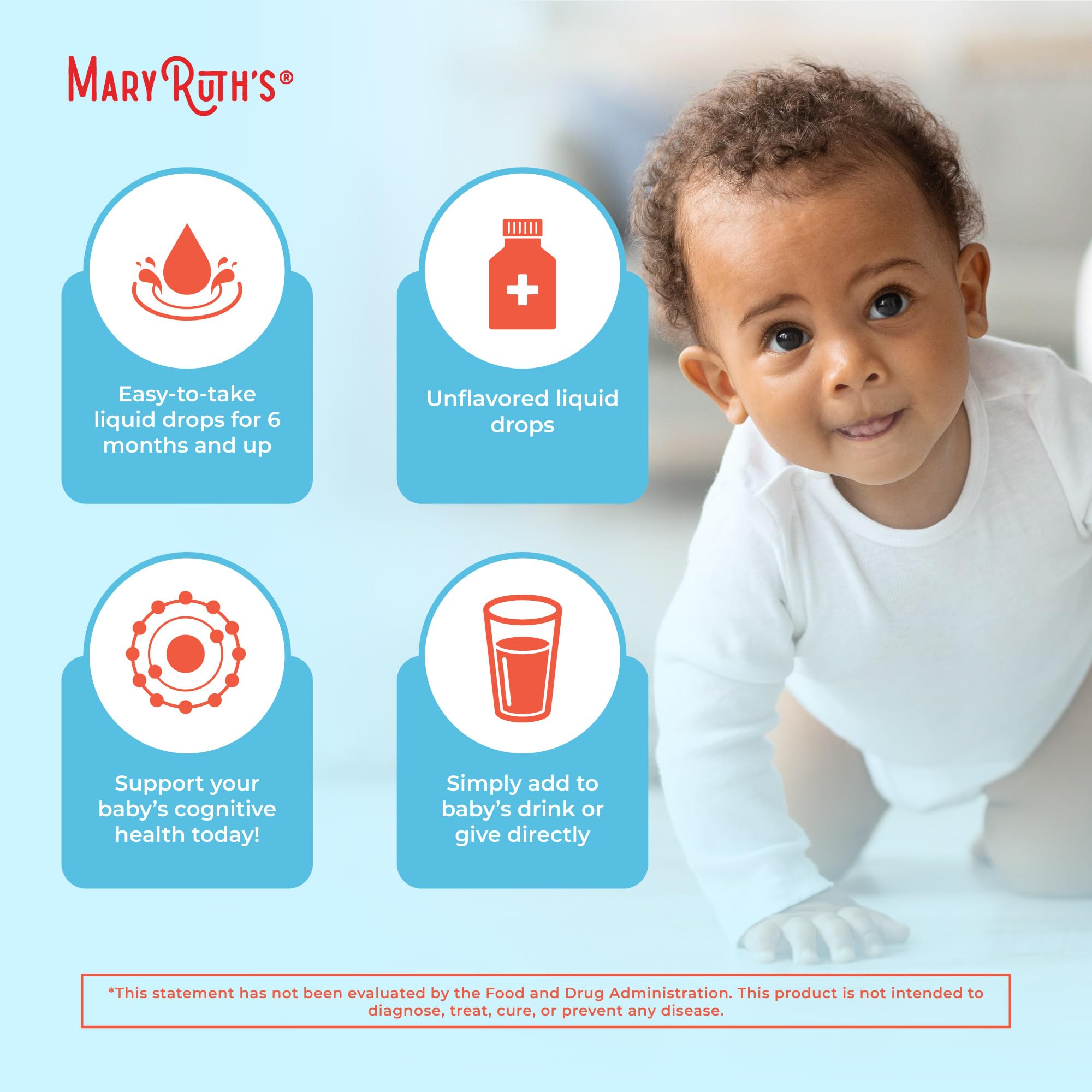 Nutritional label close-up on MaryRuth Organics omega-3 drops.