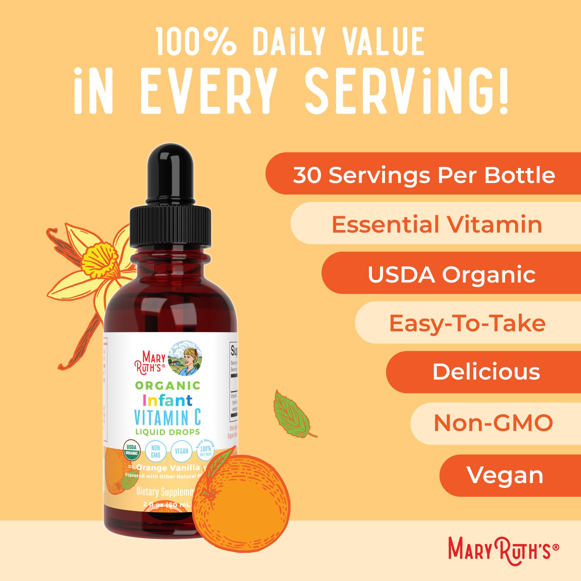MaryRuth Organics infant vitamin C drops bottle closeup with dosage guidance.