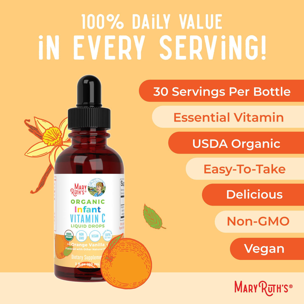 MaryRuth Organics infant vitamin C drops bottle closeup with dosage guidance.