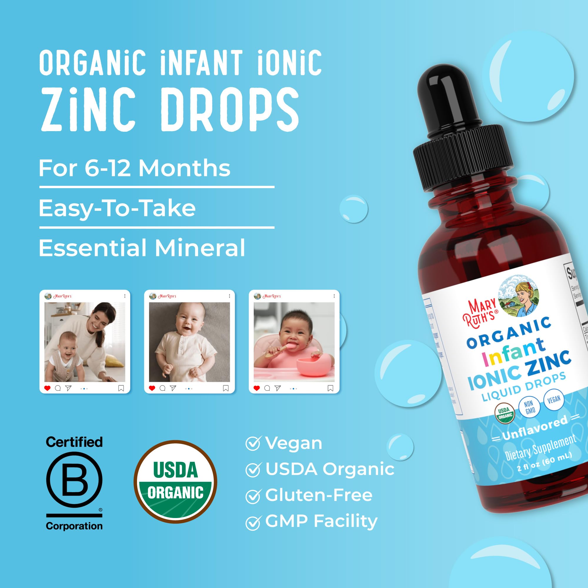 MaryRuth Organics infant zinc drops allergen-free formula suitable for sensitive diets.