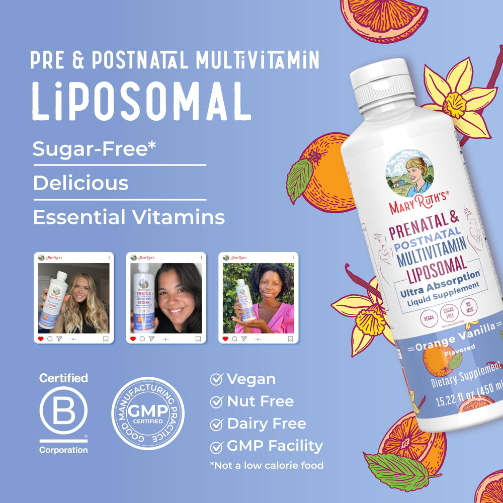MaryRuth Organics ingredients list close-up highlighting liposomal delivery.