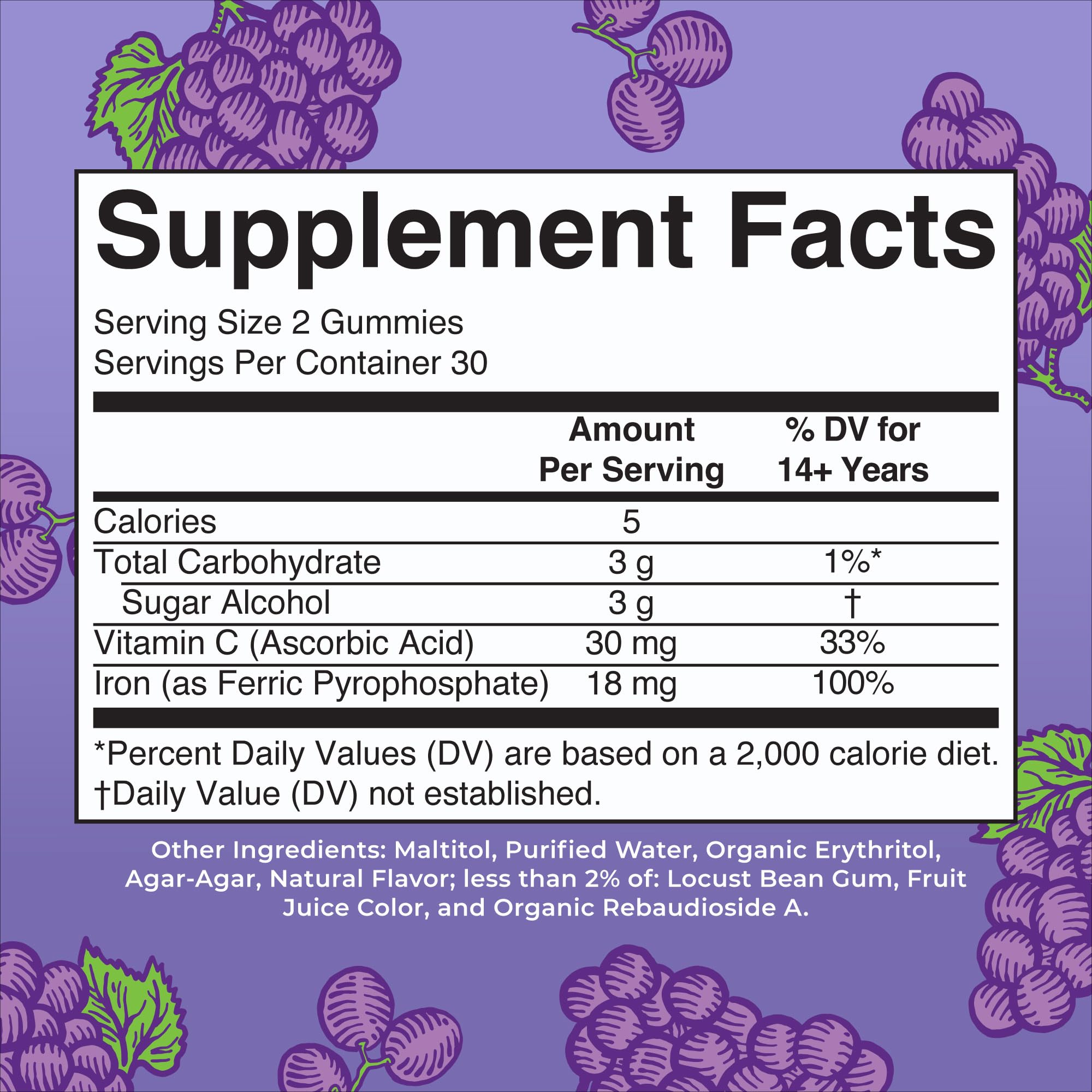 Closeup of MaryRuth Organics iron gummies with grape flavor