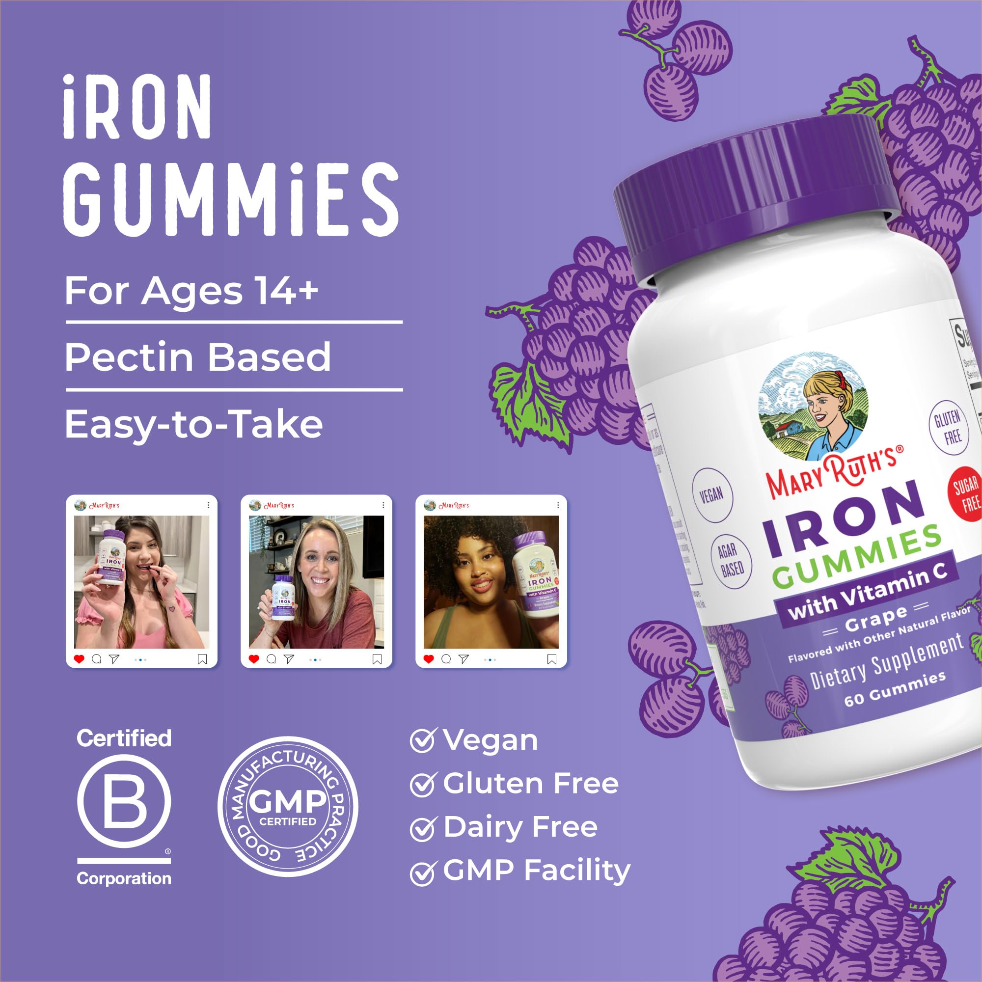 MaryRuth Organics iron gummies 60-count jar for routine use