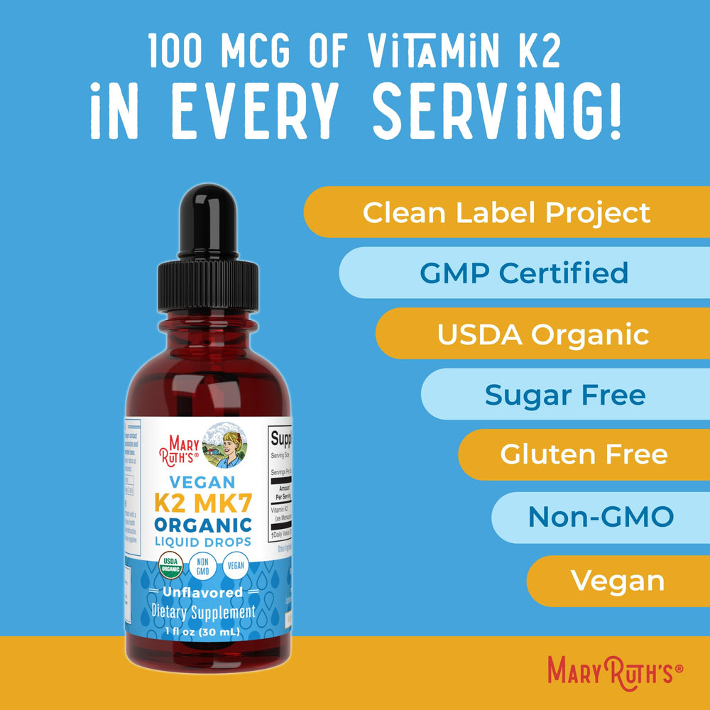 MaryRuth Organics K2 MK7 dairy-free gluten-free badge on bottle.
