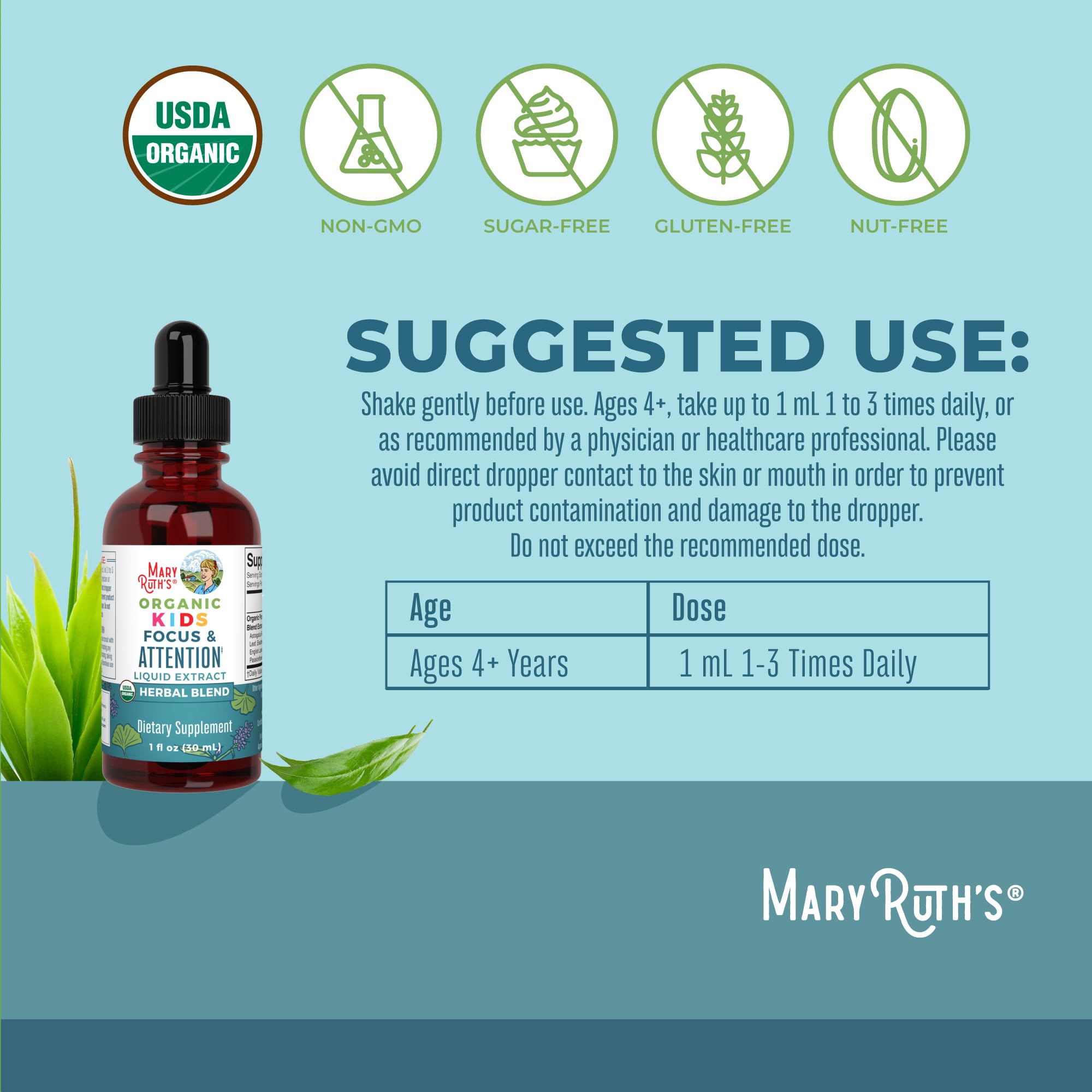 MaryRuth Organics bottle label indicating USDA Organic and allergen-free status