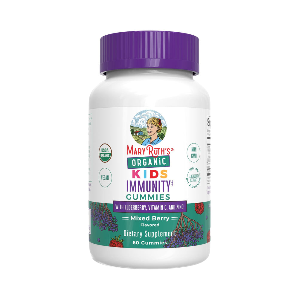 MaryRuth Organics Kids Immune Support Gummies in bottle with mixed-berry flavor for daily immune care.
