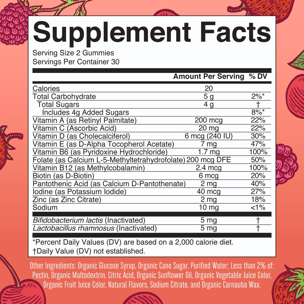 MaryRuth Organics gummies closeup berry flavor with postbiotics for gut-friendly nutrition
