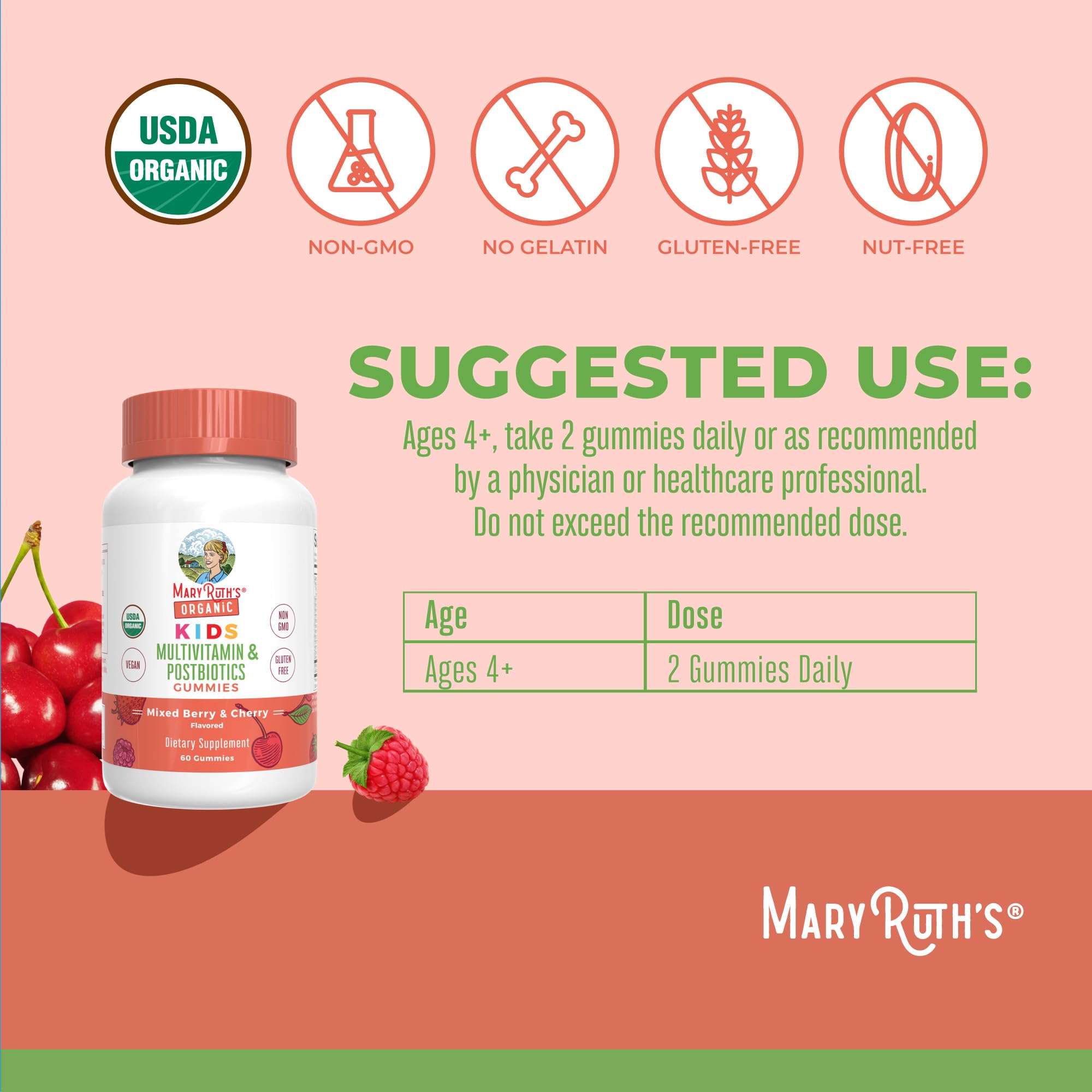 MaryRuth Organics Kids Multivitamin Gummies cherry flavor label for ages four plus
