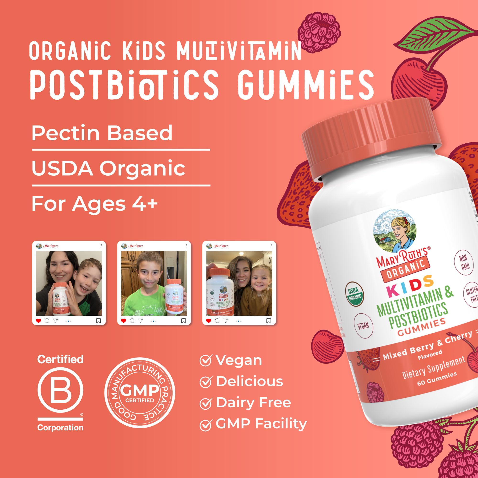 MaryRuth Organics bottle back view highlighting postbiotics and berry flavors