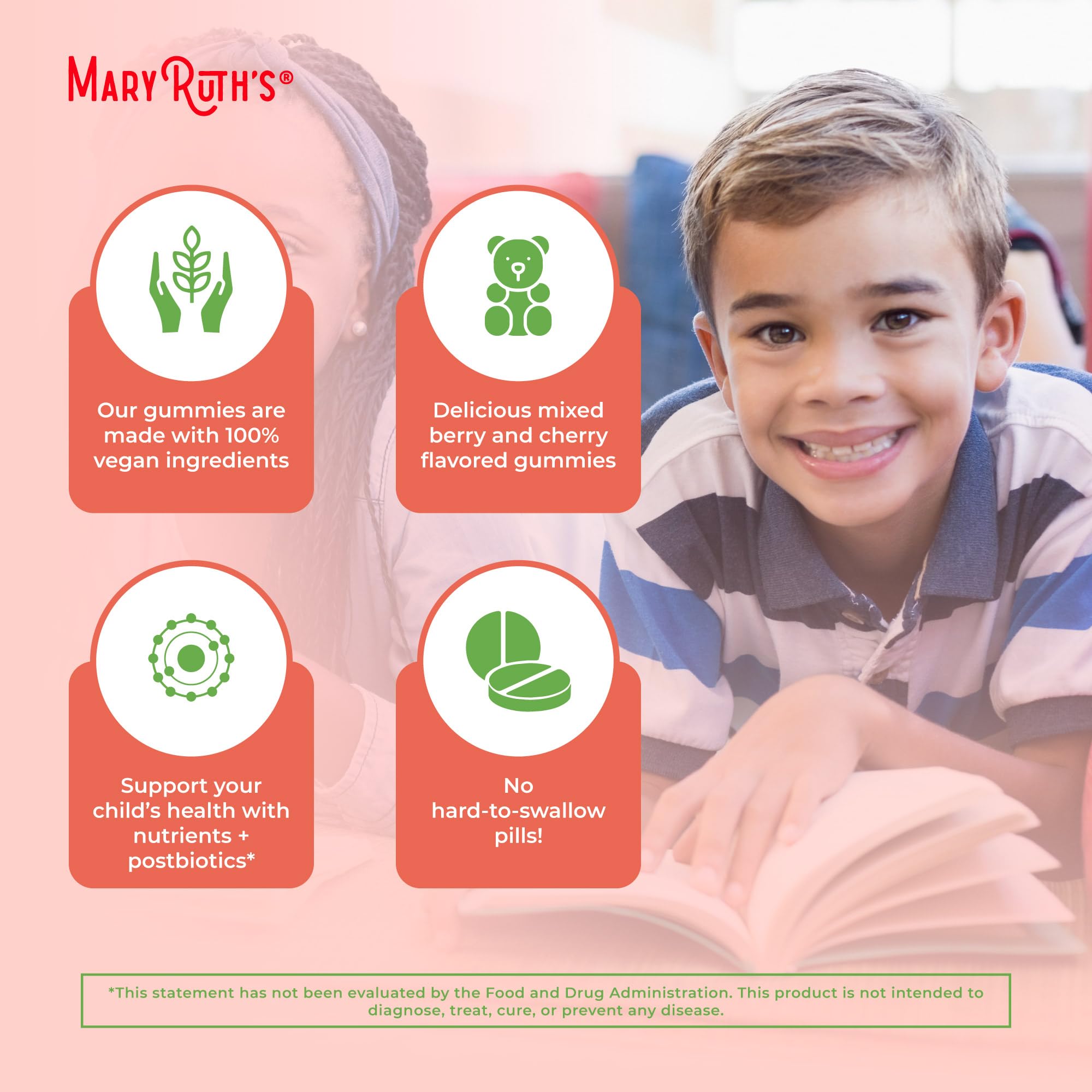 MaryRuth Organics kids gummies chewed with water for easy daily dose