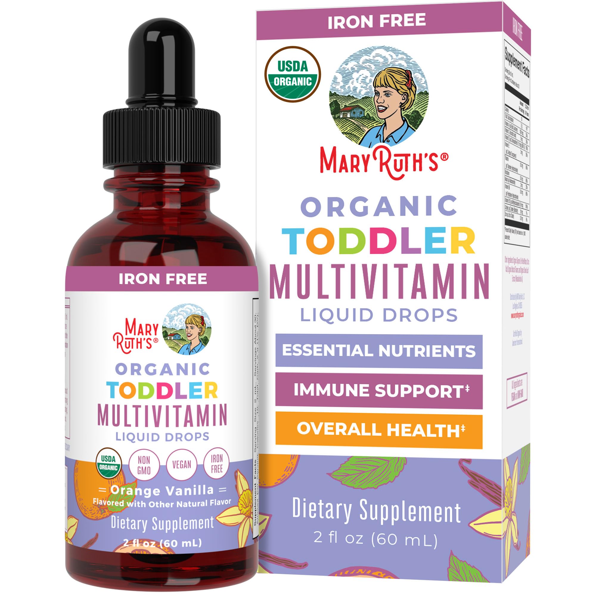 MaryRuth Organics Kids Multivitamin bottle shows toddler-friendly orange-vanilla flavor