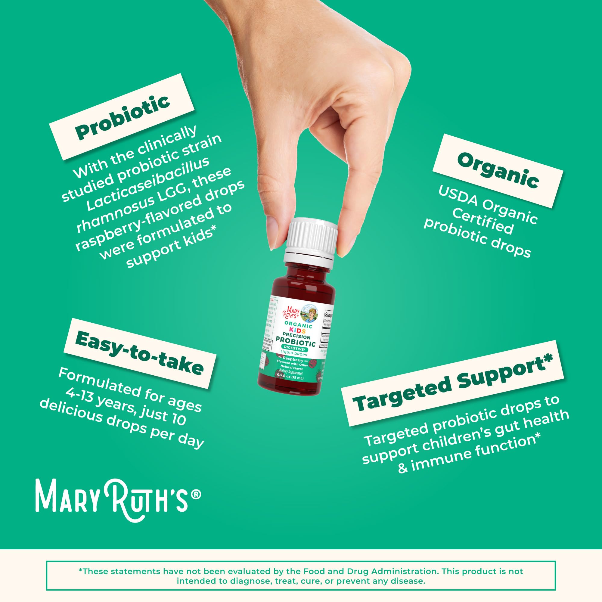 MaryRuth Organics Kids Probiotic Drops bottle close-up suggesting trust and routine.