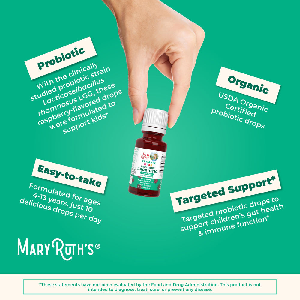 MaryRuth Organics Kids Probiotic Drops bottle close-up suggesting trust and routine.