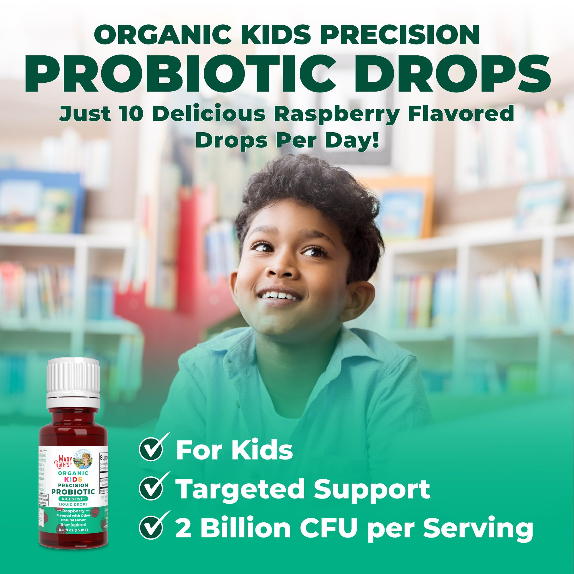 MaryRuth Organics Kids Probiotic Drops certifications badge signals organic and non-GMO quality.