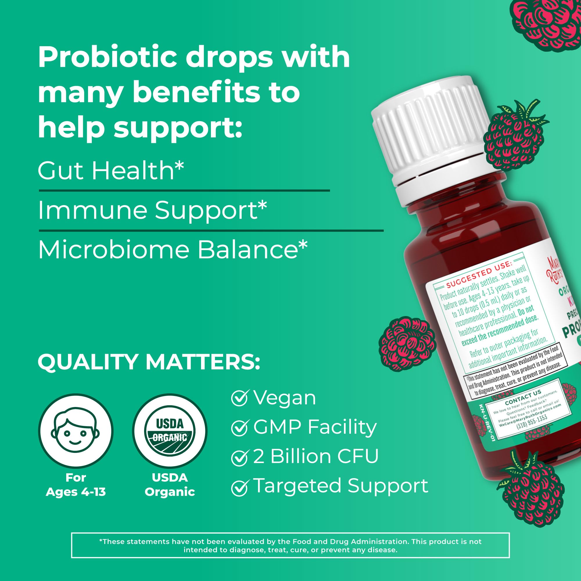 MaryRuth Organics Kids Probiotic Drops daily-dose detail for parents and kids.