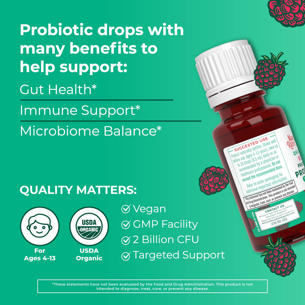 MaryRuth Organics Kids Probiotic Drops daily-dose detail for parents and kids.