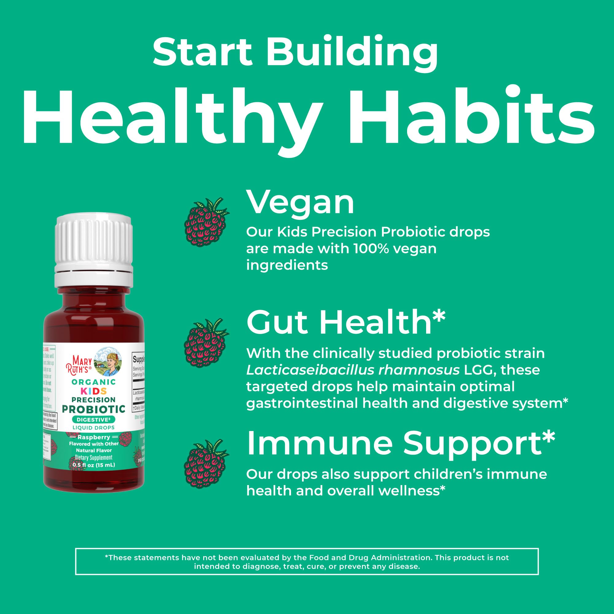 MaryRuth Organics Kids Probiotic Drops ingredients panel underlines allergen-free formula.