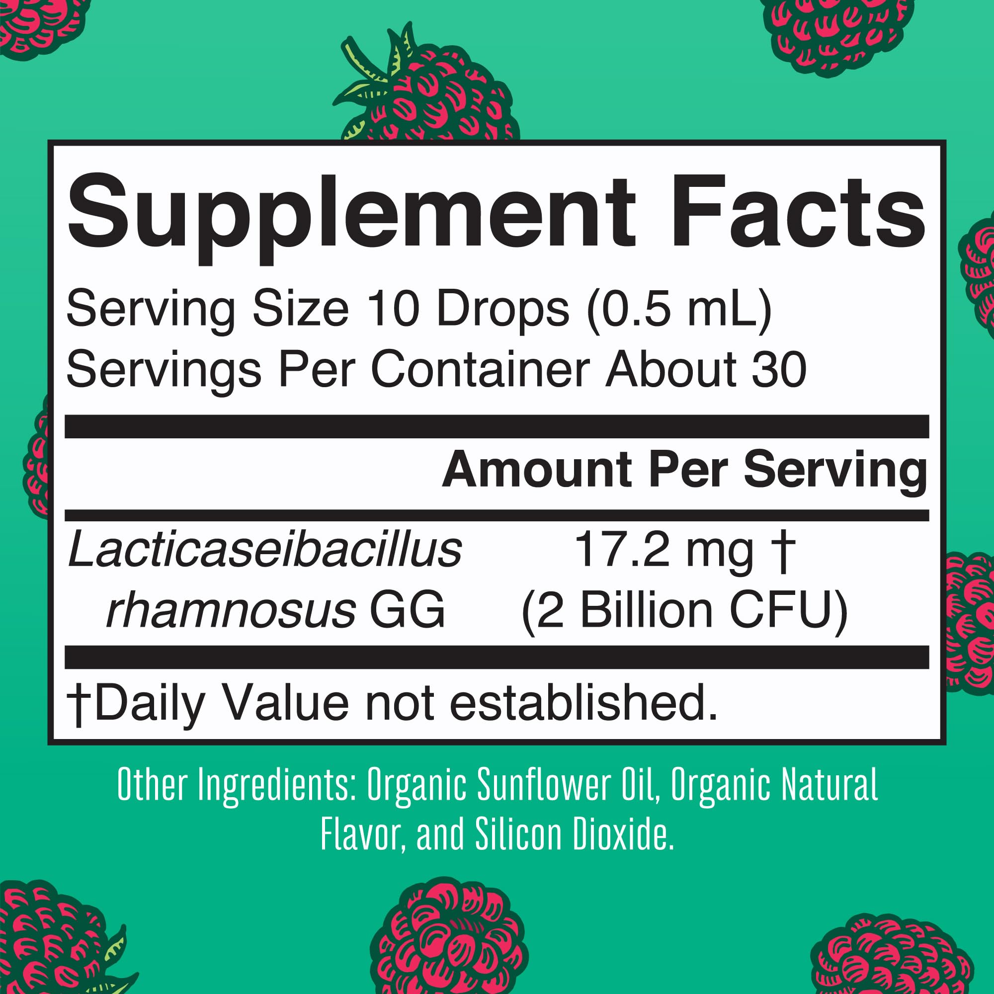 MaryRuth Organics Kids Probiotic Drops label highlighting organic, vegan, and non-GMO status.