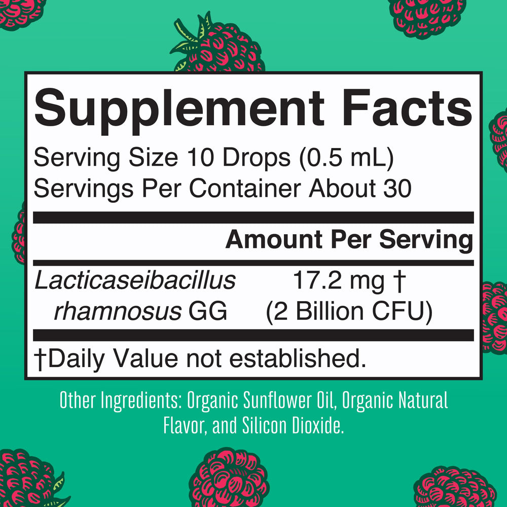 MaryRuth Organics Kids Probiotic Drops label highlighting organic, vegan, and non-GMO status.