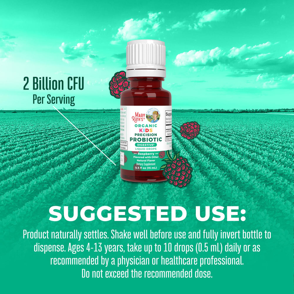 MaryRuth Organics Kids Probiotic Drops measuring spoon illustrating precise 0.5 mL dose.