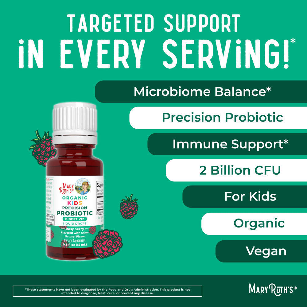 MaryRuth Organics Kids Probiotic Drops raspberry flavor appealing to kids.