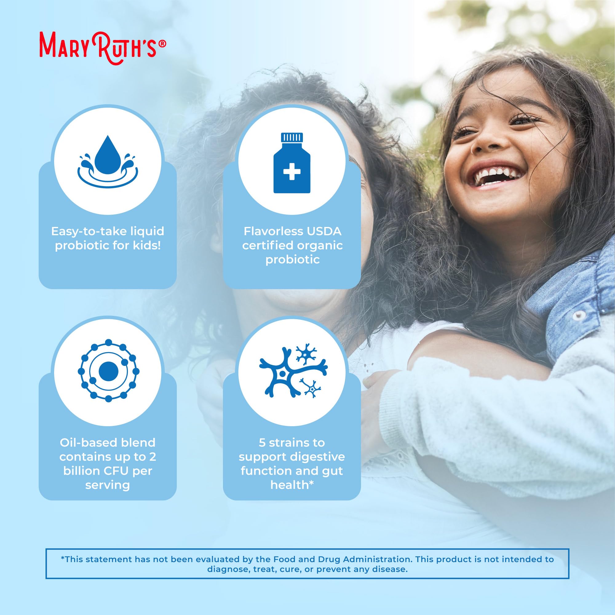 MaryRuth Organics Kids Probiotic drops suit ages 4+ with simple daily dosage