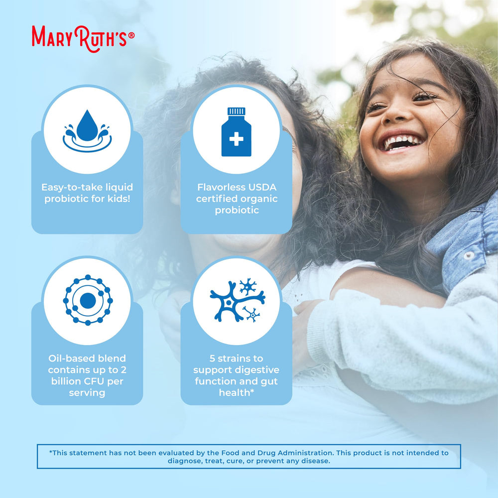 MaryRuth Organics Kids Probiotic drops suit ages 4+ with simple daily dosage