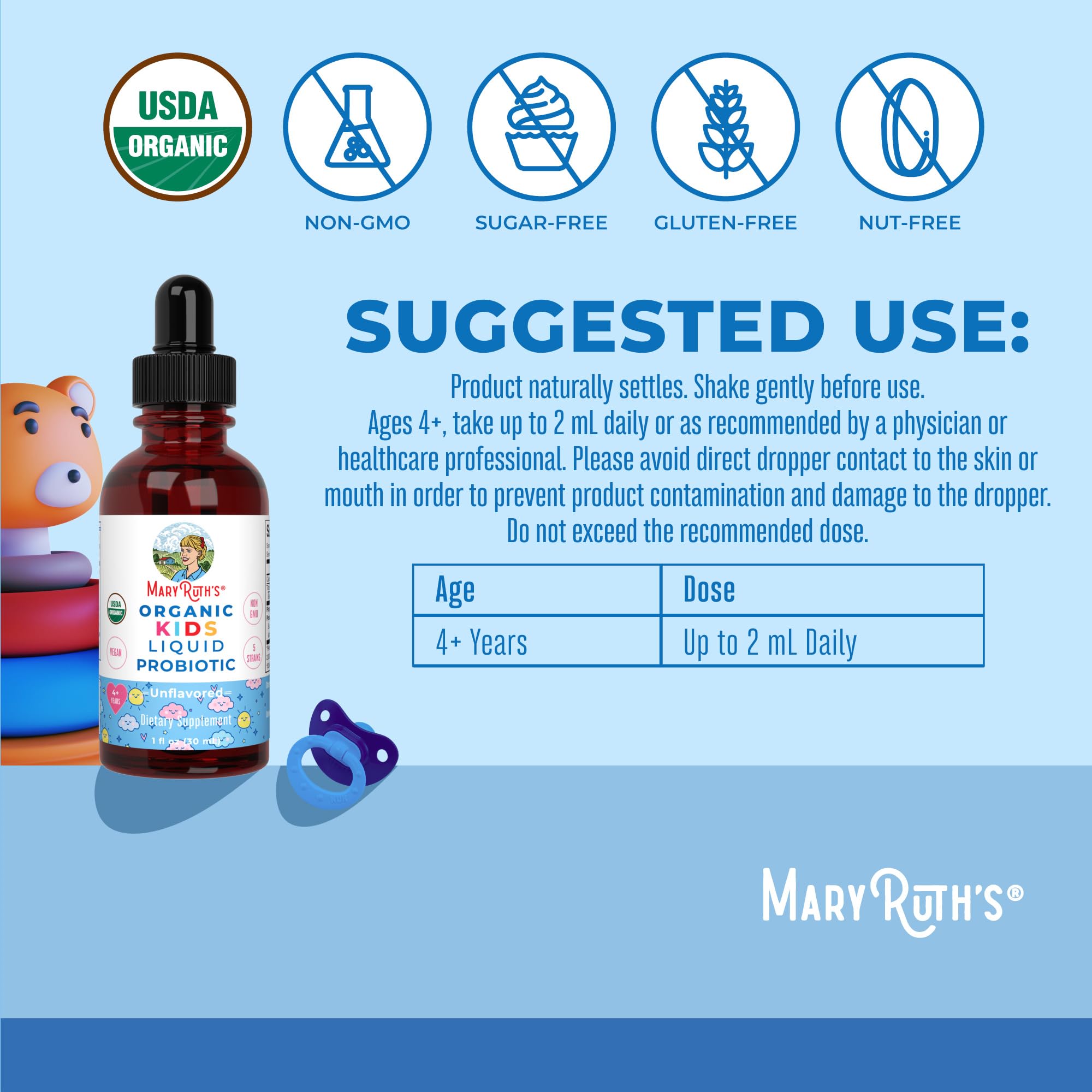MaryRuth Organics Kids Probiotic liquid drops five-strain blend supports balanced gut health