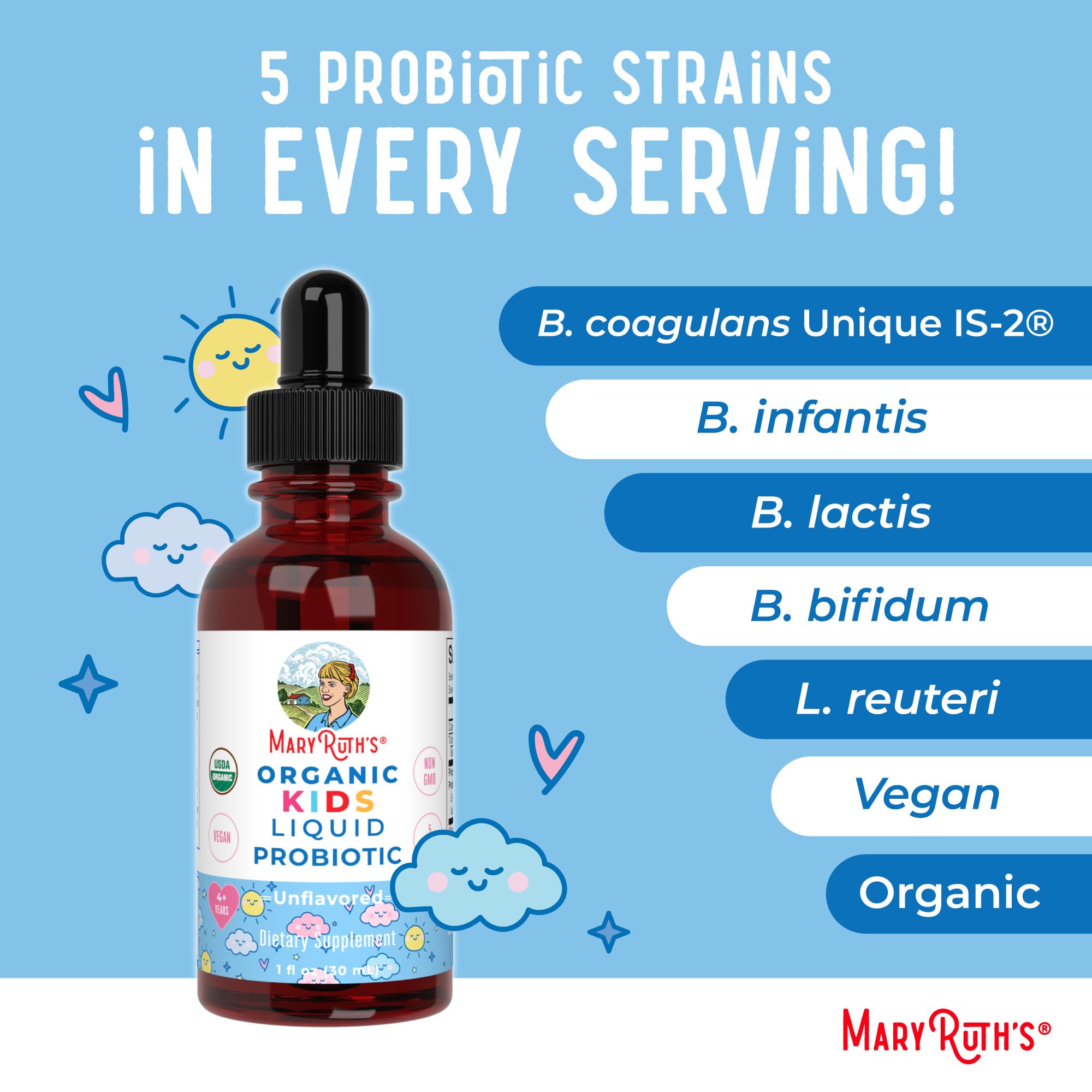 MaryRuth Organics Kids Probiotic drops note room-temperature mixing with beverages for convenience