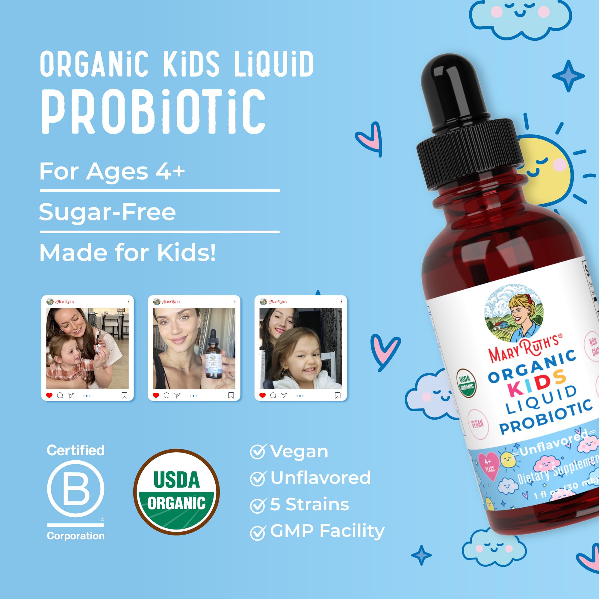 MaryRuth Organics Kids Probiotic liquid drops shown next to a glass for effortless flavor-free dosing