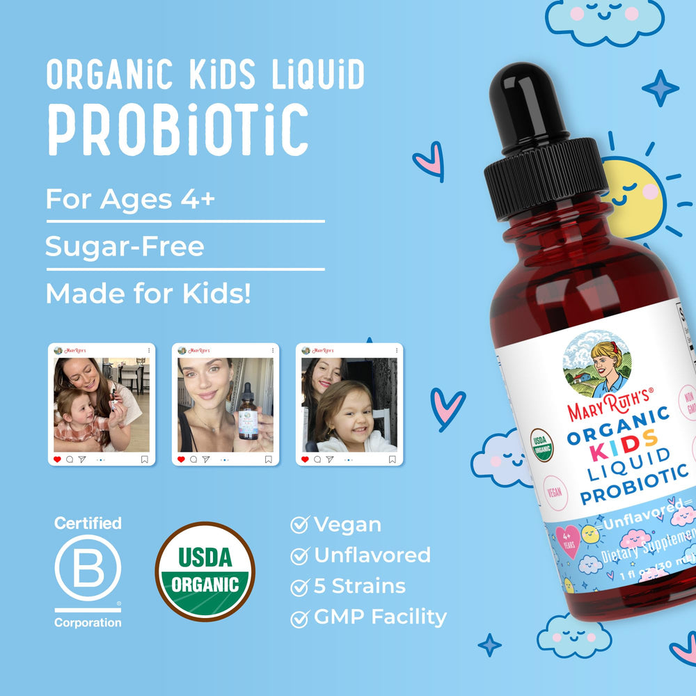 MaryRuth Organics Kids Probiotic liquid drops shown next to a glass for effortless flavor-free dosing