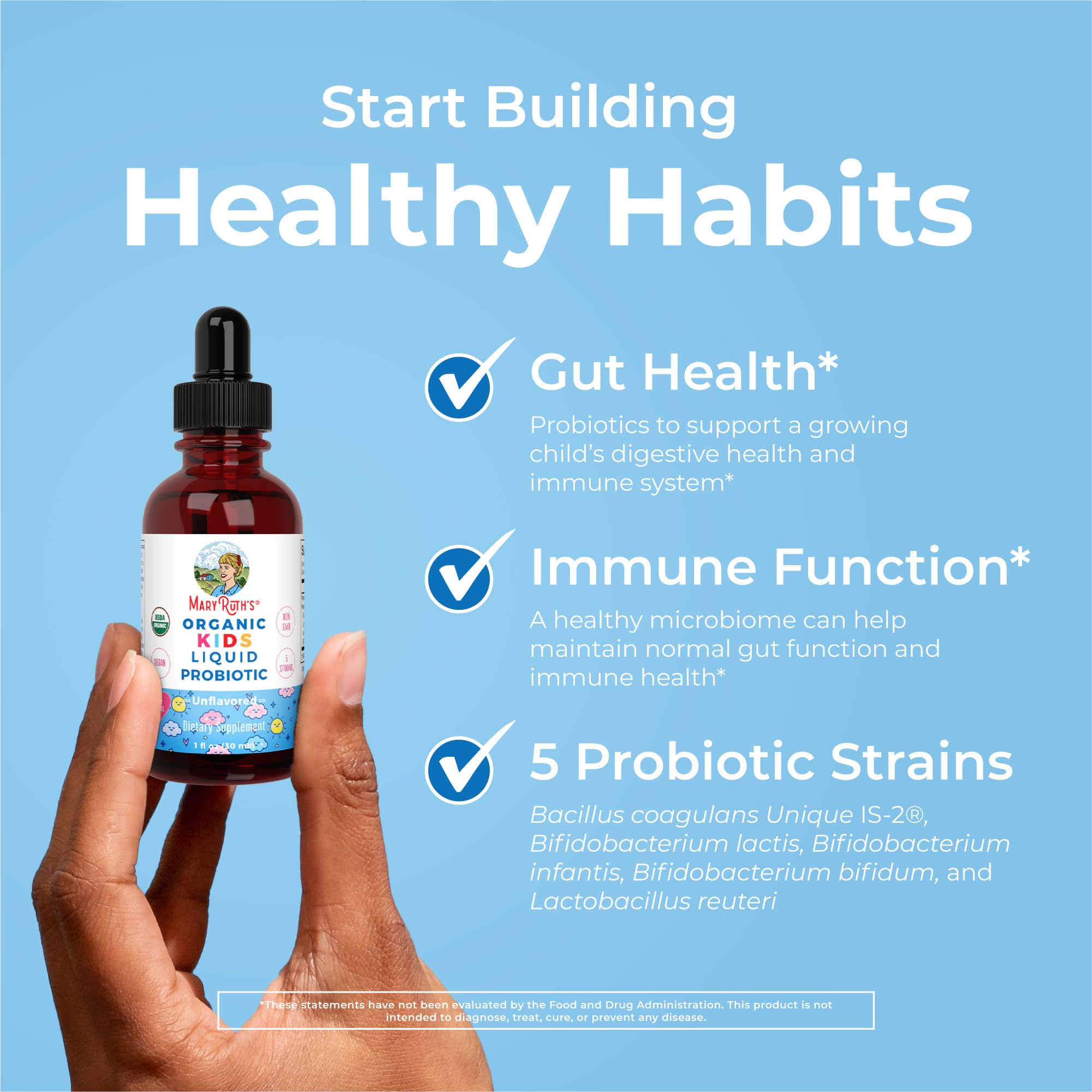 MaryRuth Organics Kids Probiotic drops highlight vegan, non-GMO, dairy-free and allergen-free features