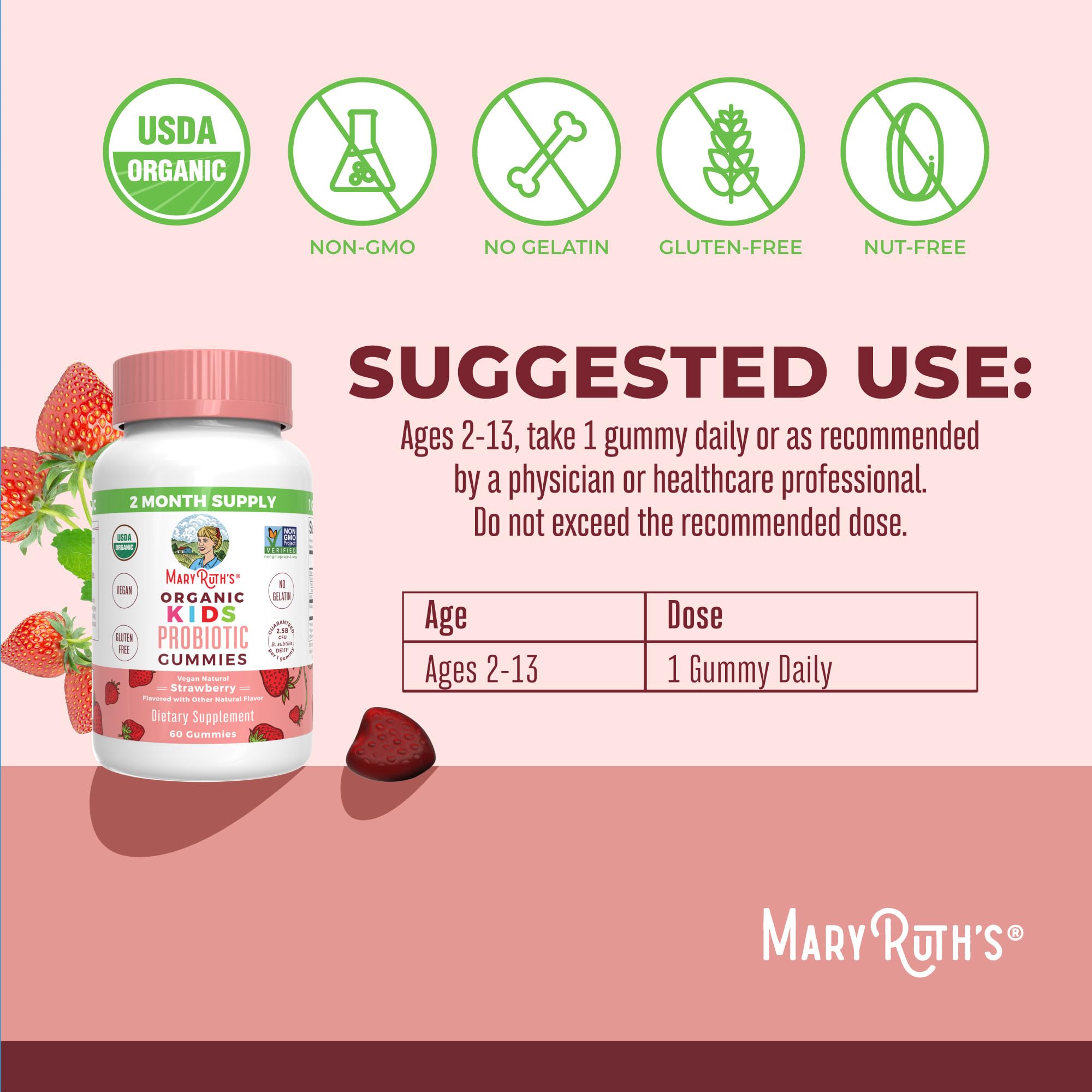 Close-up of MaryRuth Organics probiotic label showing organic and vegan claims.