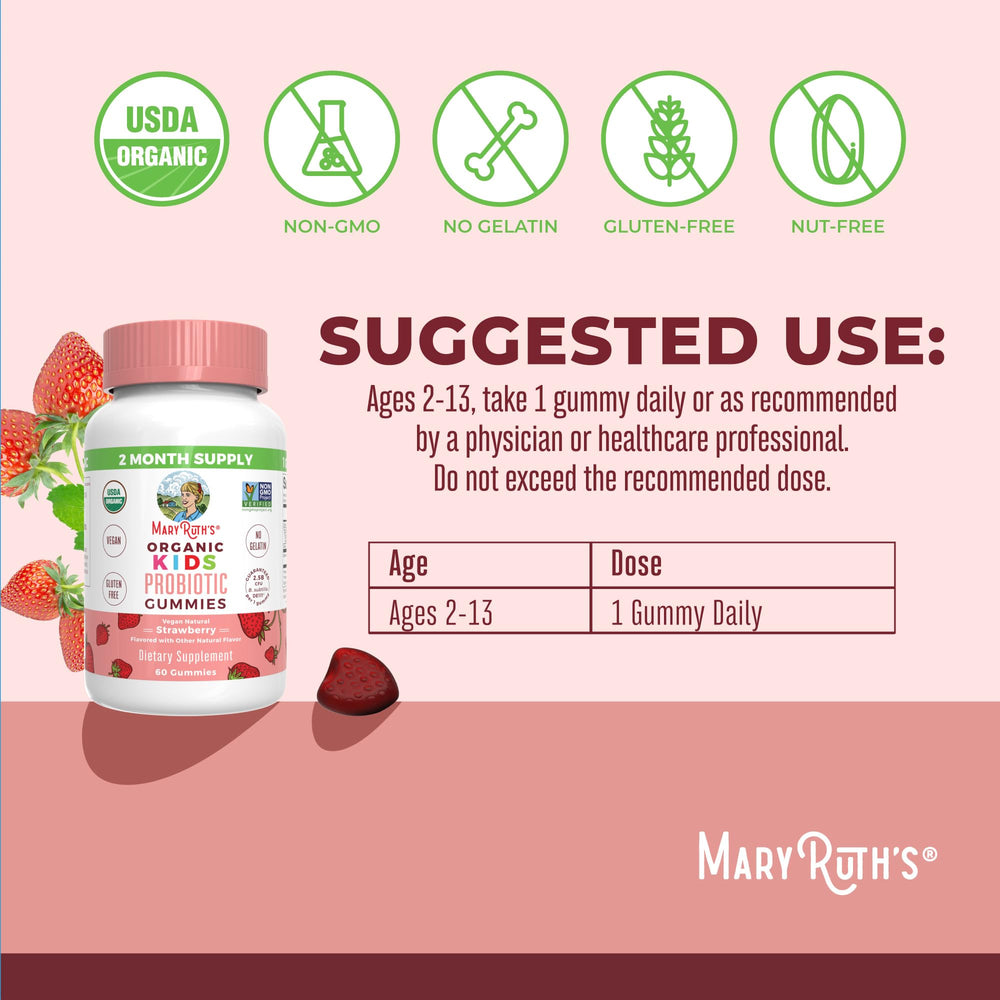 Close-up of MaryRuth Organics probiotic label showing organic and vegan claims.