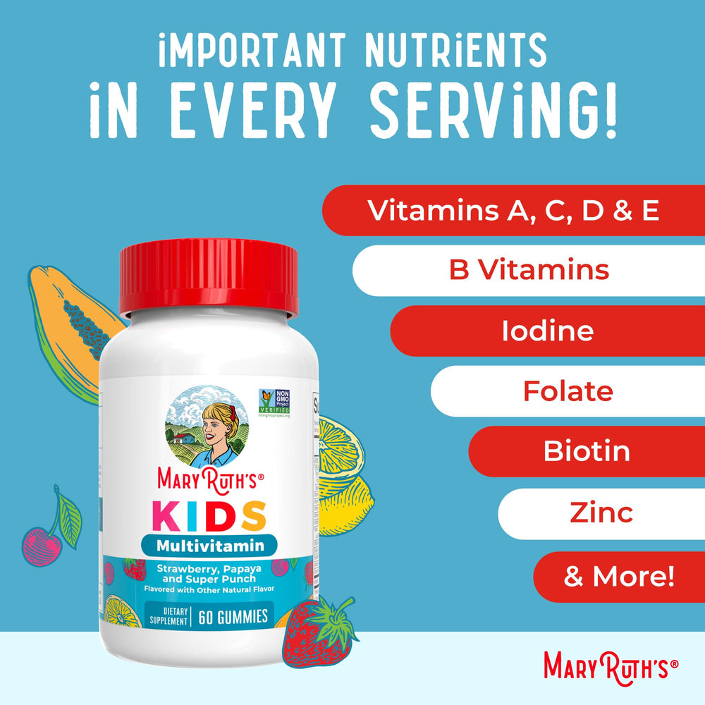MaryRuth Organics Kids Vitamins bottle top view with clear dosage indication.