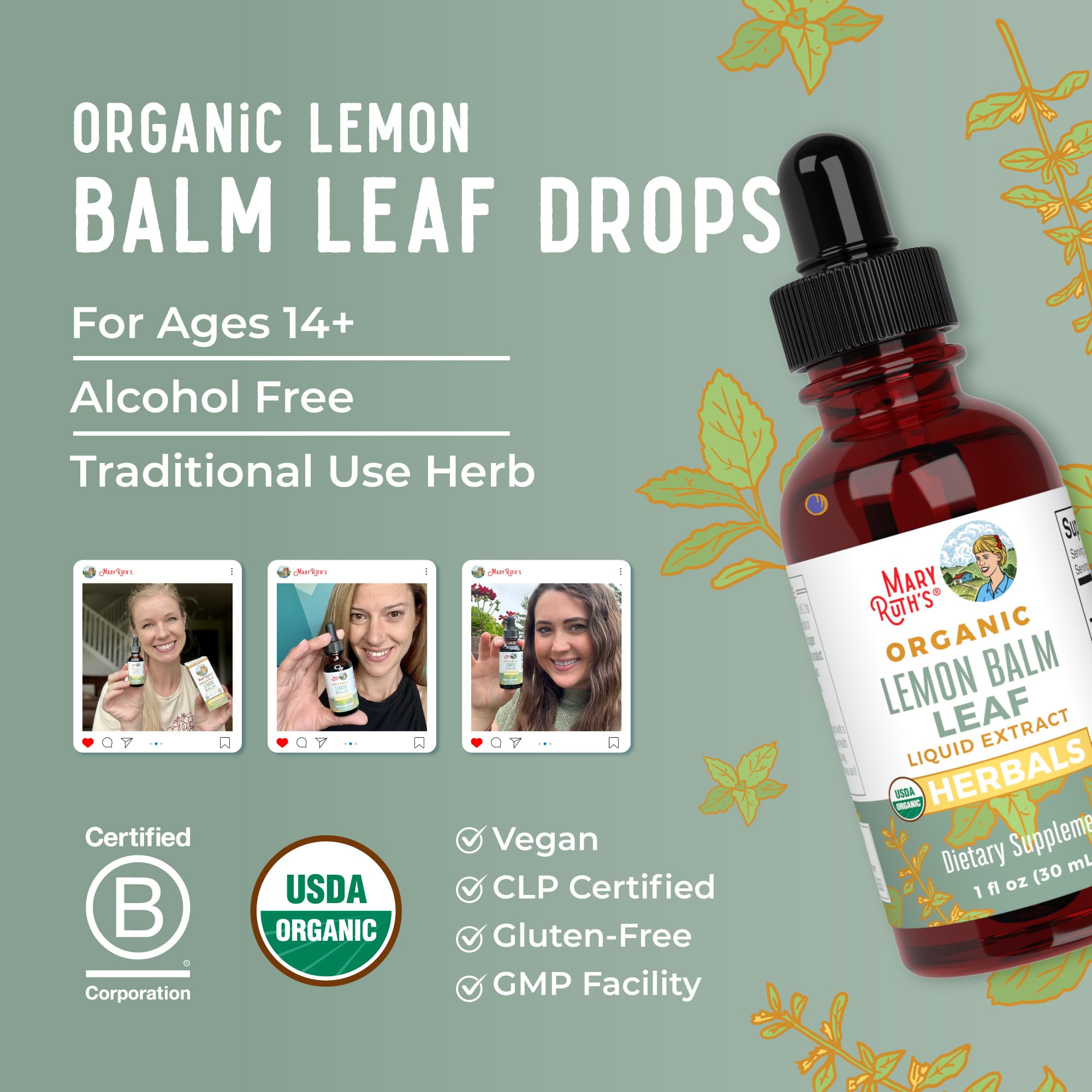 Alcohol-free symbol on MaryRuth Organics lemon balm product