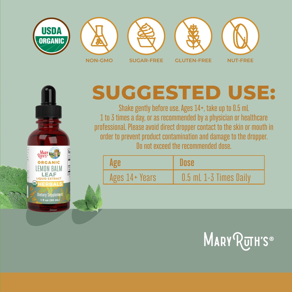 MaryRuth Organics Lemon Balm Liquid Drops dispensed for quick calm moments