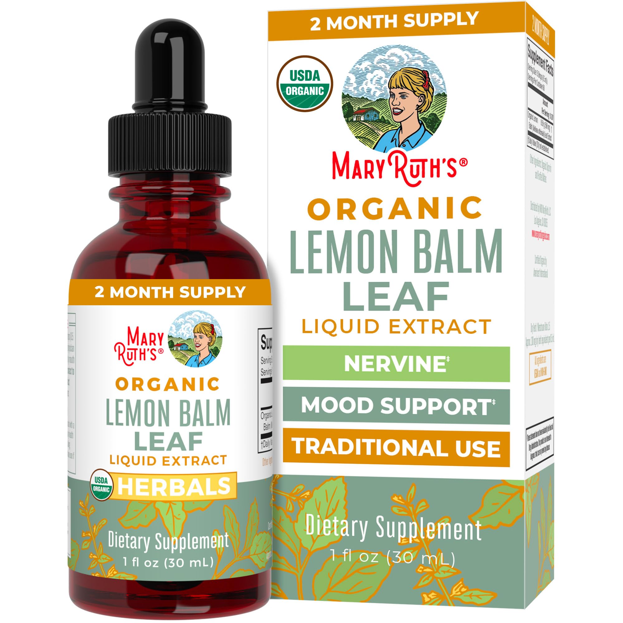 MaryRuth Organics Lemon Balm Liquid Extract bottle with a lemony scent for daily mood support