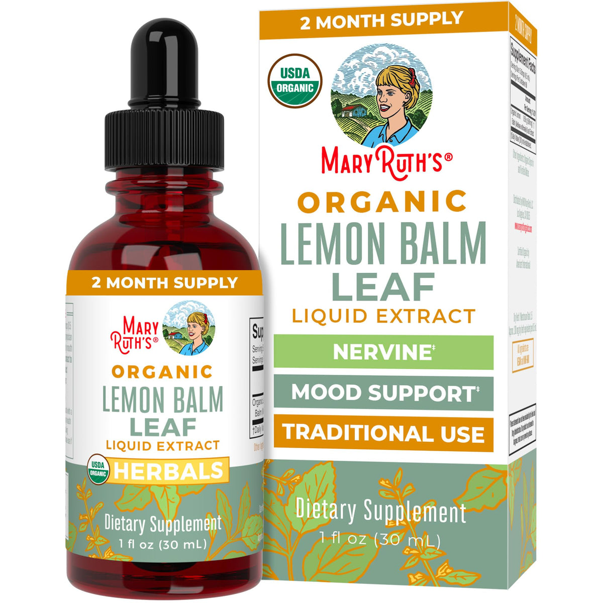MaryRuth Organics Lemon Balm Liquid Extract bottle with a lemony scent for daily mood support