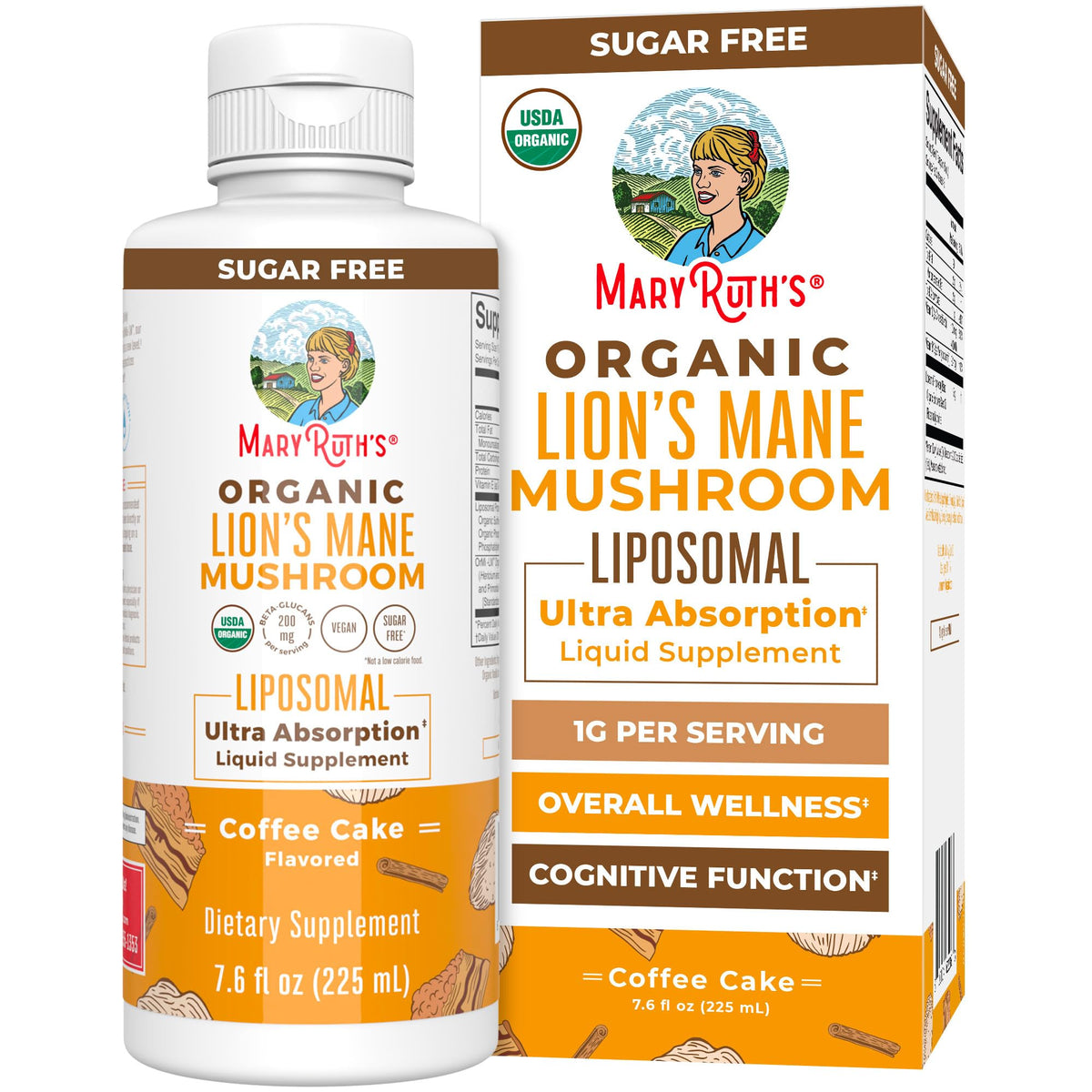 MaryRuth Organics Lion's Mane Liposomal bottle pours for a daily supplement ritual